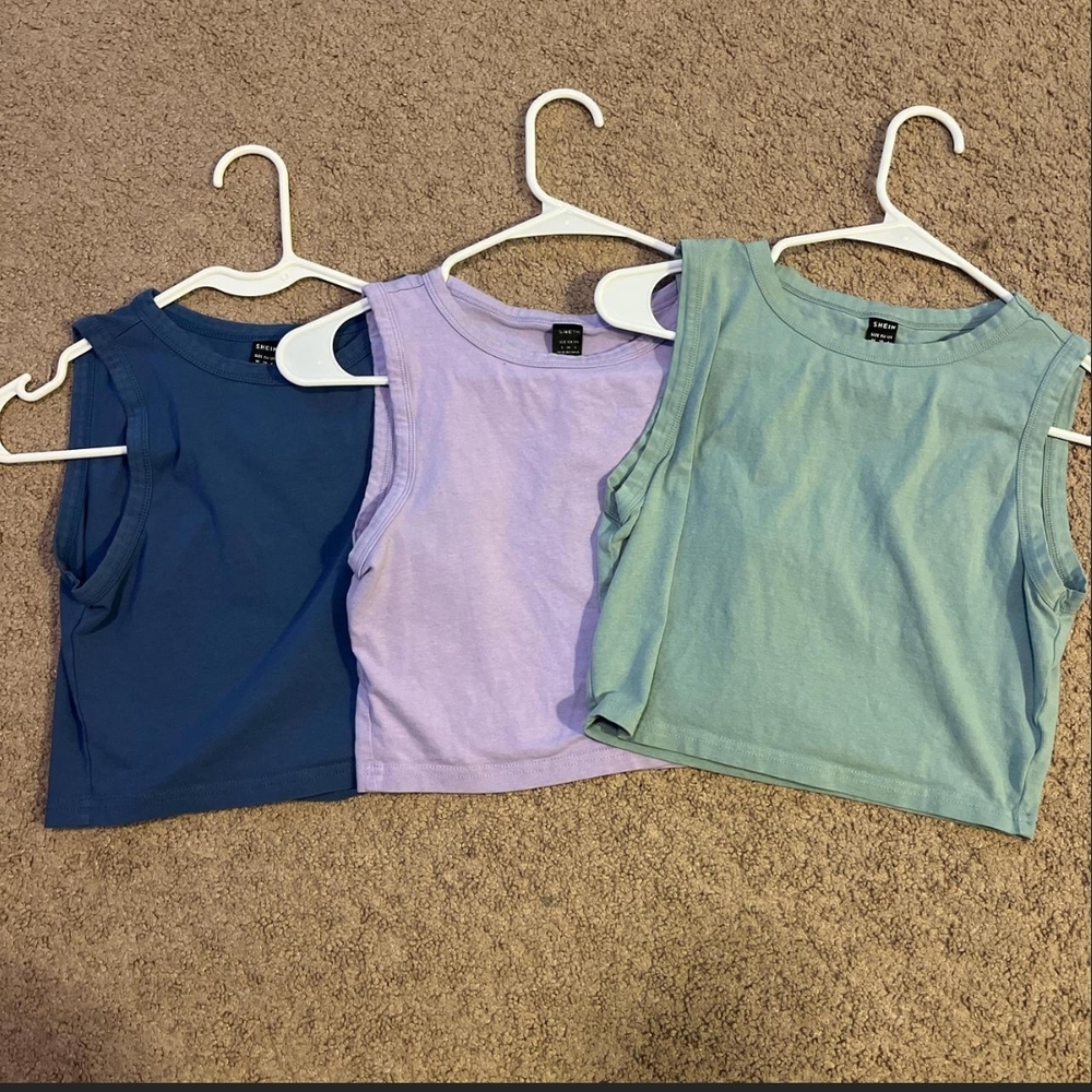 Set of Three Sleeveless Crop Tops - Blue, Lavender, and Mint